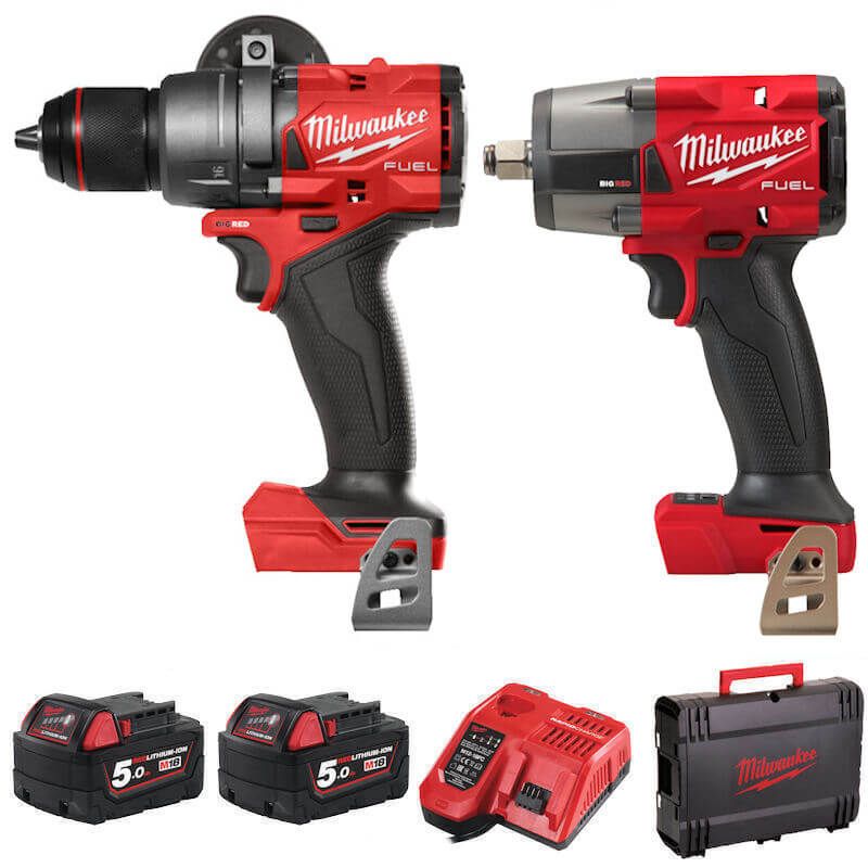 Milwaukee M18 FUEL™ 2-Piece Power Tool Kit featuring a combi drill with AutoStop mode and a mid-torque impact wrench delivering 881 Nm of nut-busting torque. Milwaukee M18 FUEL™ 2-Piece Power Tool Kit featuring a combi drill with AutoStop mode and a mid-torque impact wrench delivering 881 Nm of nut-busting torque.